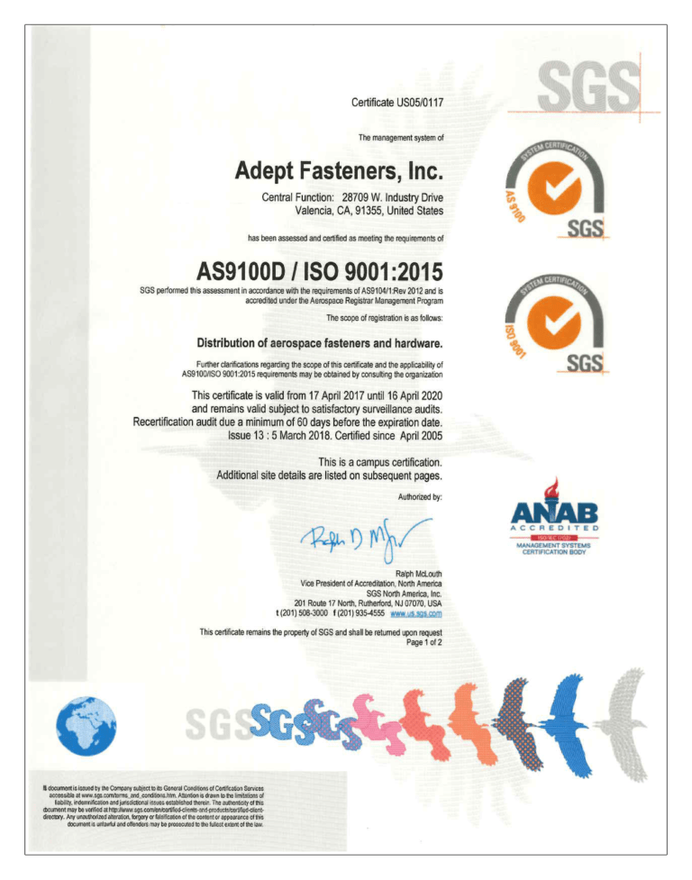 Quality Certificates Adept Fasteners