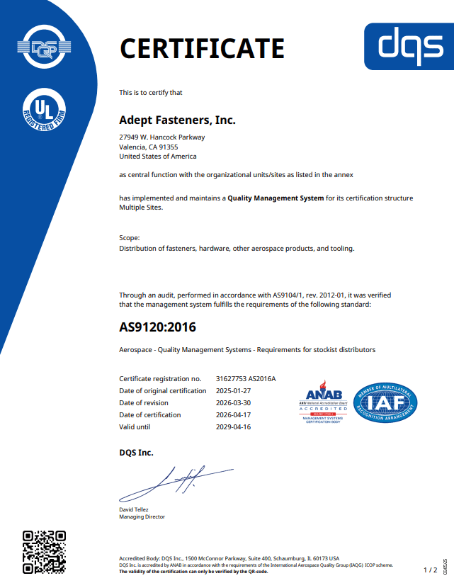 Aerospace Cartificate AS9120
