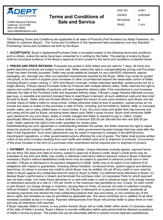 Terms and Conditions of Sale and Service