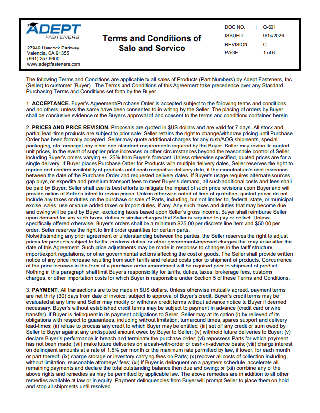 Terms and Conditions of Sale and Service
